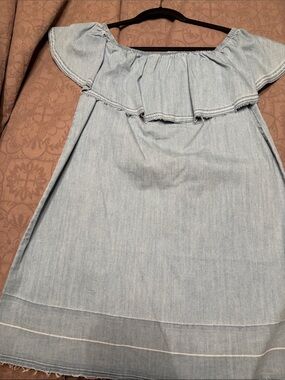 7 For All Mankind Light Blue Off-Shoulder Ruffle Dress